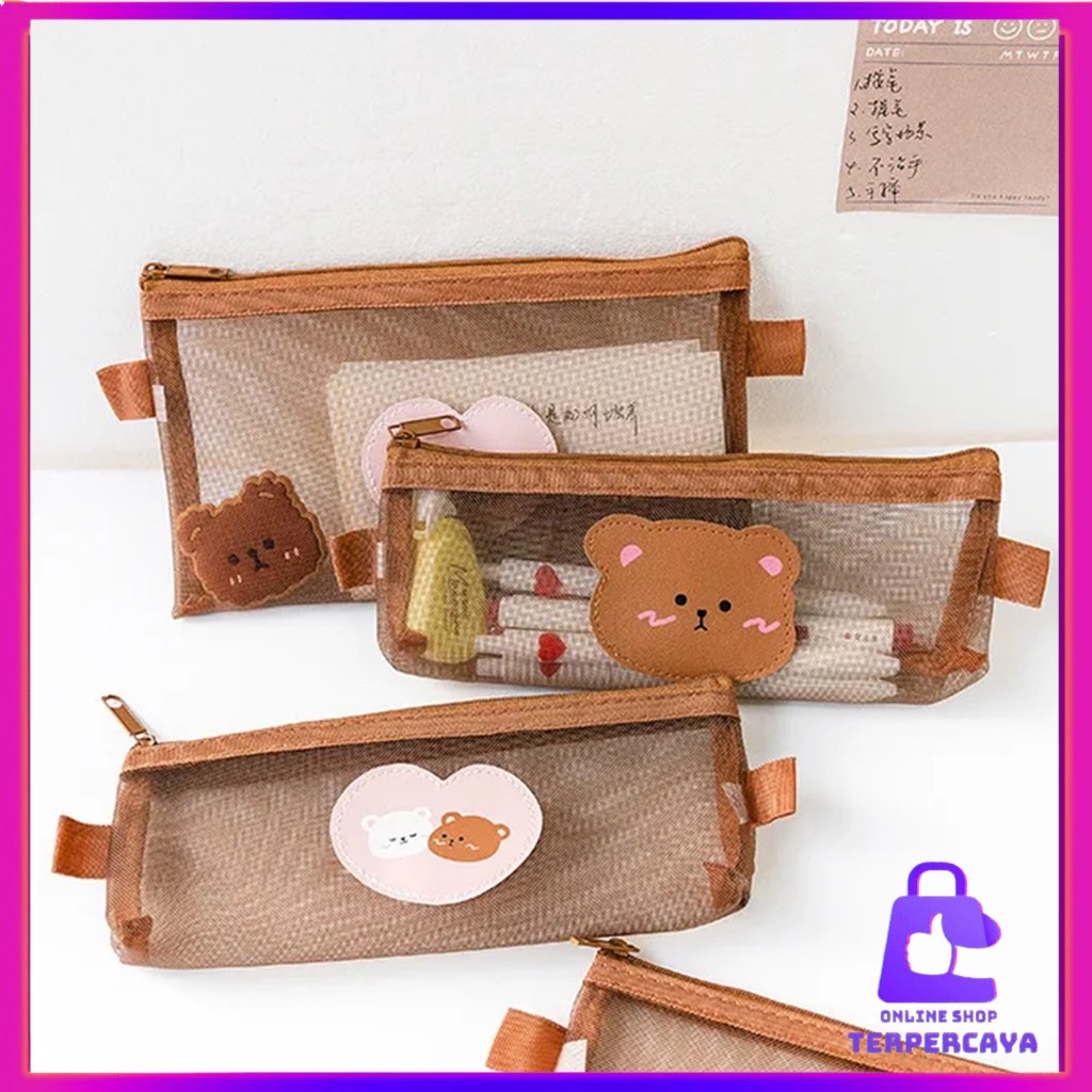 

OST Tempat Pensil Zipper Coklat Motif Beruang Dompet Pensil Coklat Lucu Motif Bear Tempat Makeup Teddy Brown Model Jaring Transparan dan Multicolour Cute