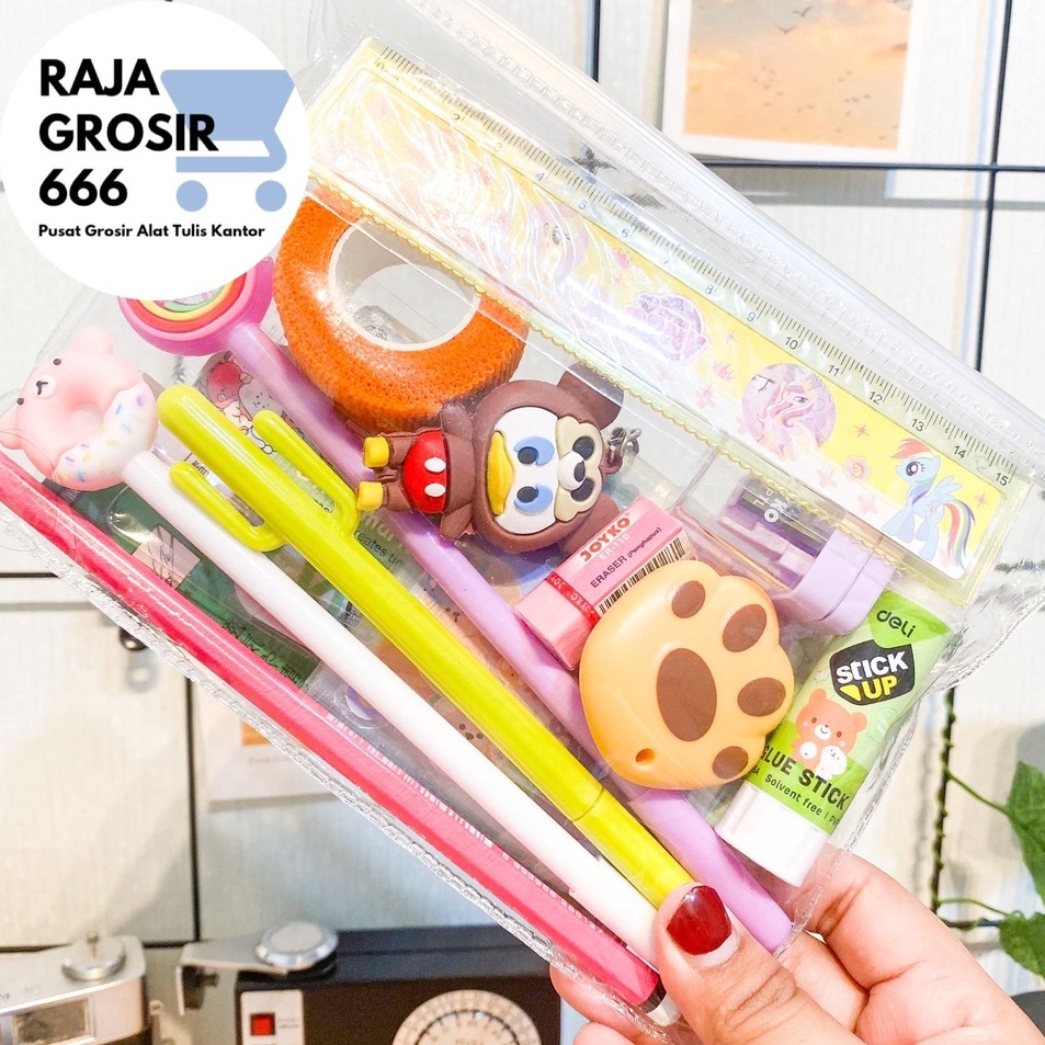 

Pouch Set alat tulis sticker pensil gantungan kunci pulpen pena pensil penggaris sekolah sticky notes penjepit sticker cutter mini finger protector hfc