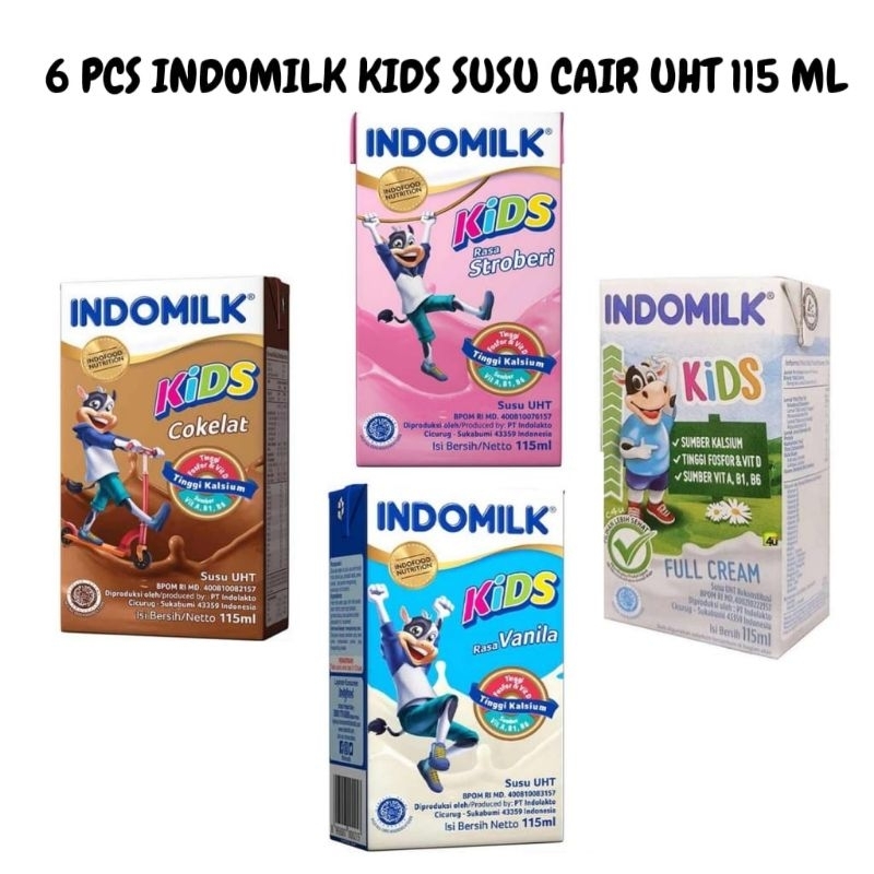 

6 PCS INDOMILK KIDS SUSU CAIR UHT RASA COKELAT/VANILLA/FULL CREAM DAN STRAWBERRY KEMASAN 115 ML TINGGI KALSIUM FOSFOR VITAMIN D MENGANDUNG ANTI OKSIDAN TINGGI TStore