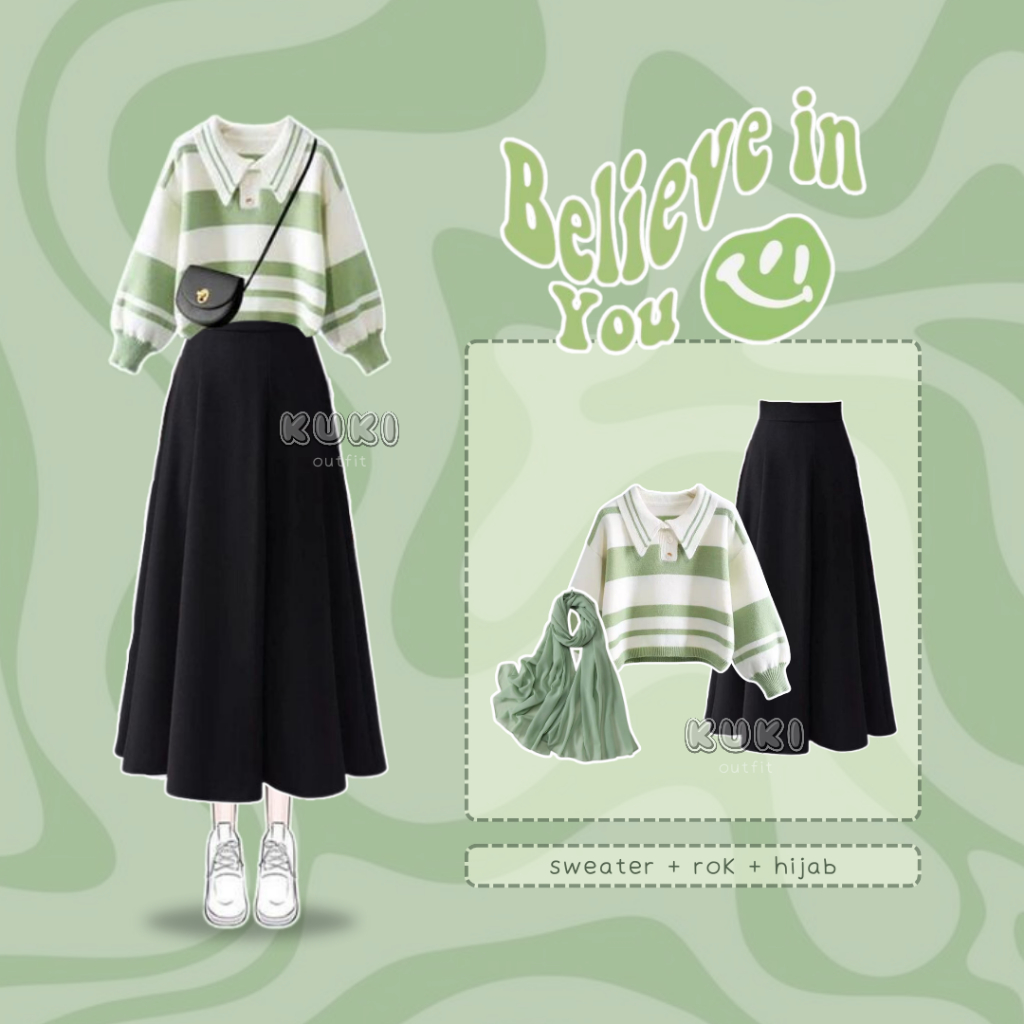 Kuki Outfit - One Set Korean Style (Sweater, Rok, Hijab) One Set Wanita Rok Hijab OOTD Rajut - KK01