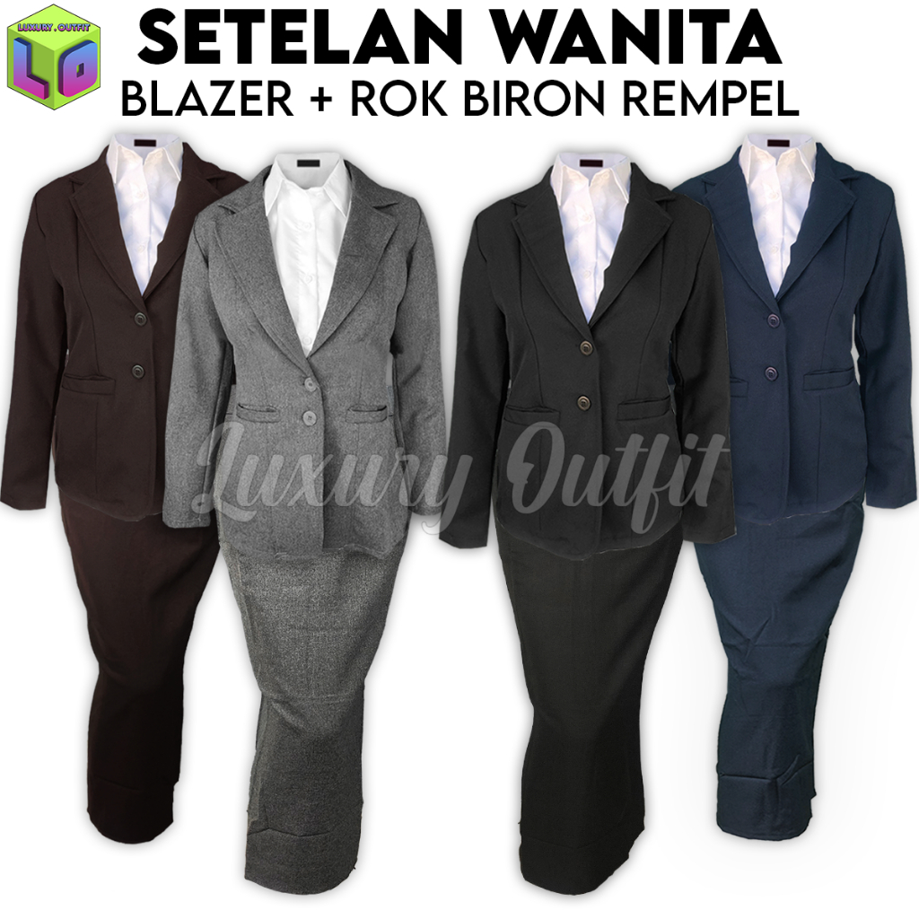 One Set Setelan Jas Blazer Rok Kipas Rampel Panjang Wanita Stelan Jas Kerja Kantor Cewe Polos Dewasa