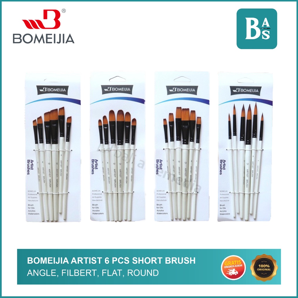 

KODE W1B6 BOMEIJIA Artist 6 pcs Short Handle Brush Round Filbert Angle Flat Kuas Lukis