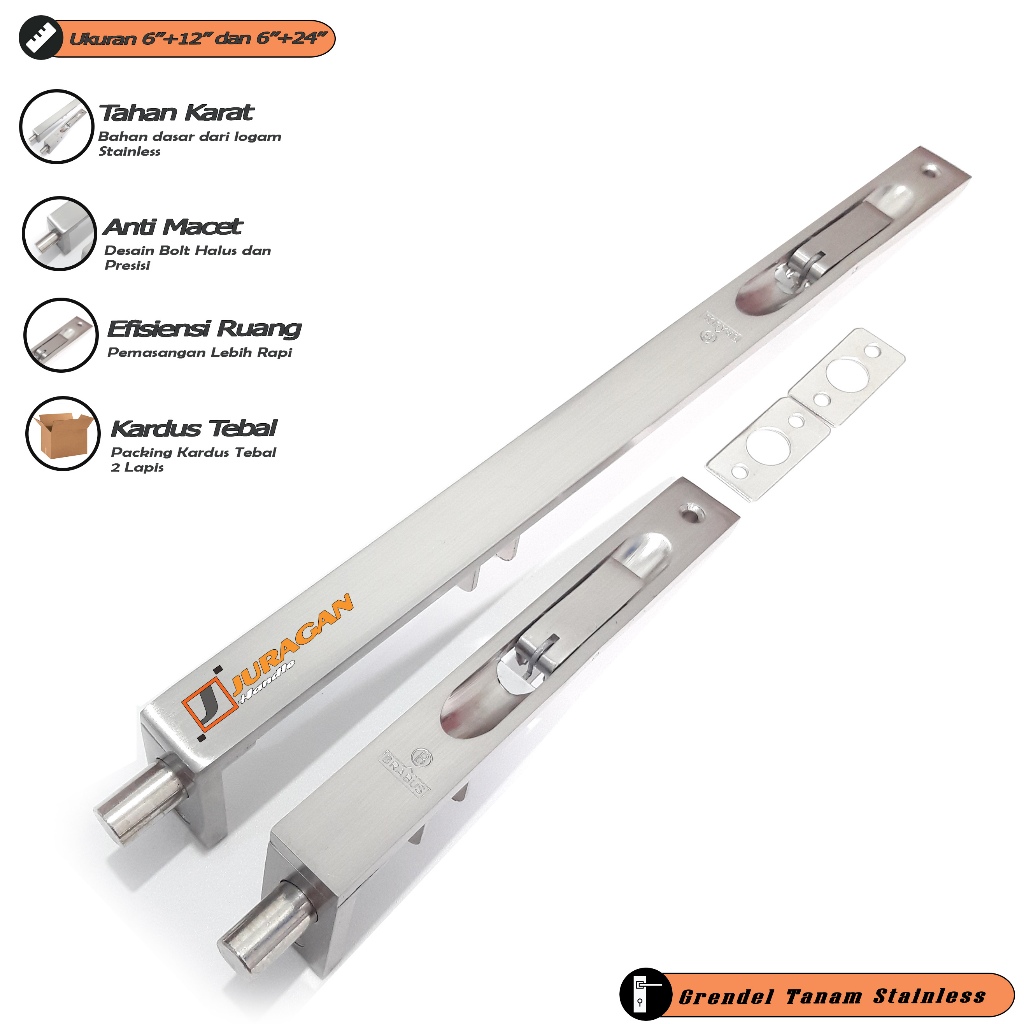 Grendel Tanam Stainless 30 cm 15 cm - Kunci Pintu Atas dan Bawah - Slot Pintu 2 Daun Kuat Tebal Awet