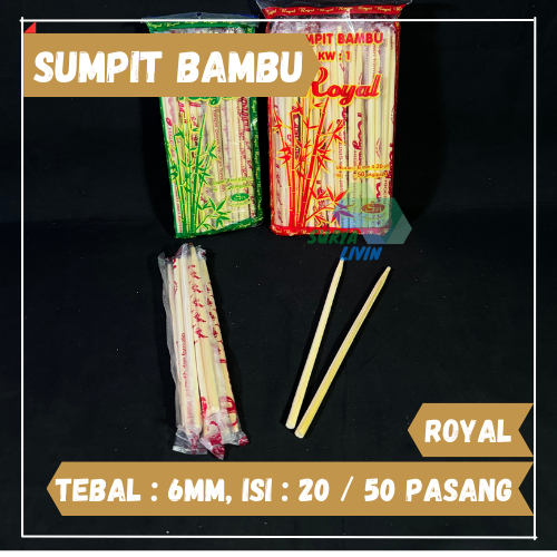 Sumpit Bambu 6mm x 20cm ROYAL isi 50 dan 20 Pasang / Sumpit Tebal / Sumpit Bakmie / Sumpit Higenis