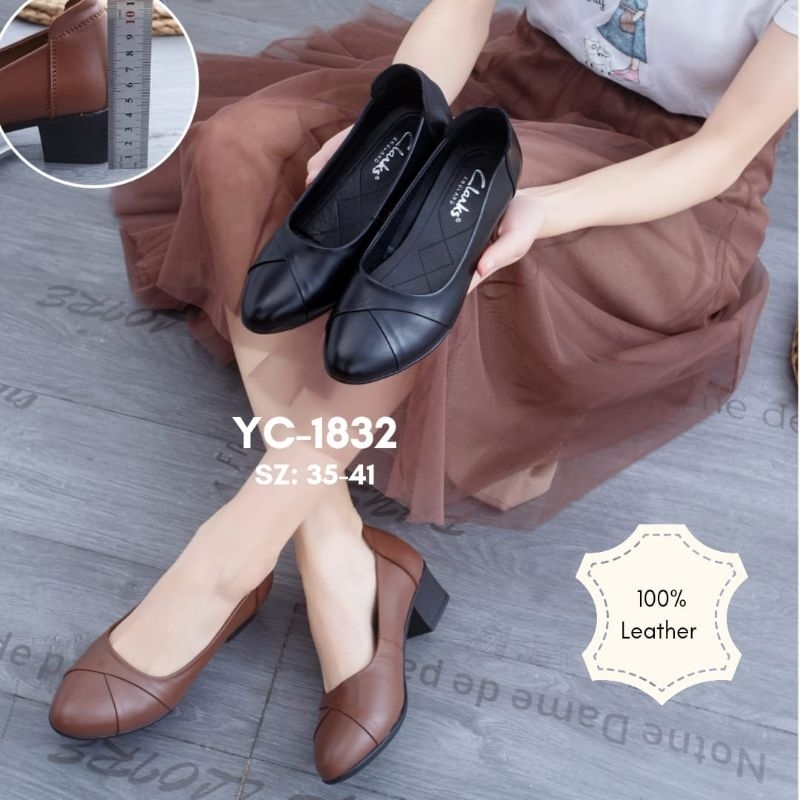 Sepatu Clarks YC1832 Block Heel 4cm / sepatu kerja kantor wanita kulit asli hak chunky