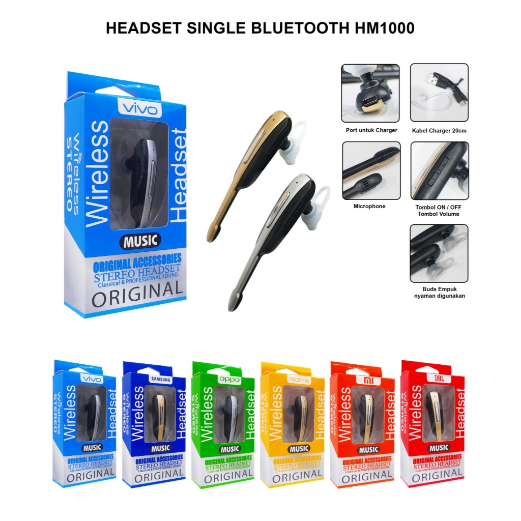 HEADSET BLUETOOTH SINGLE HM-1000 + KABEL CHARGER