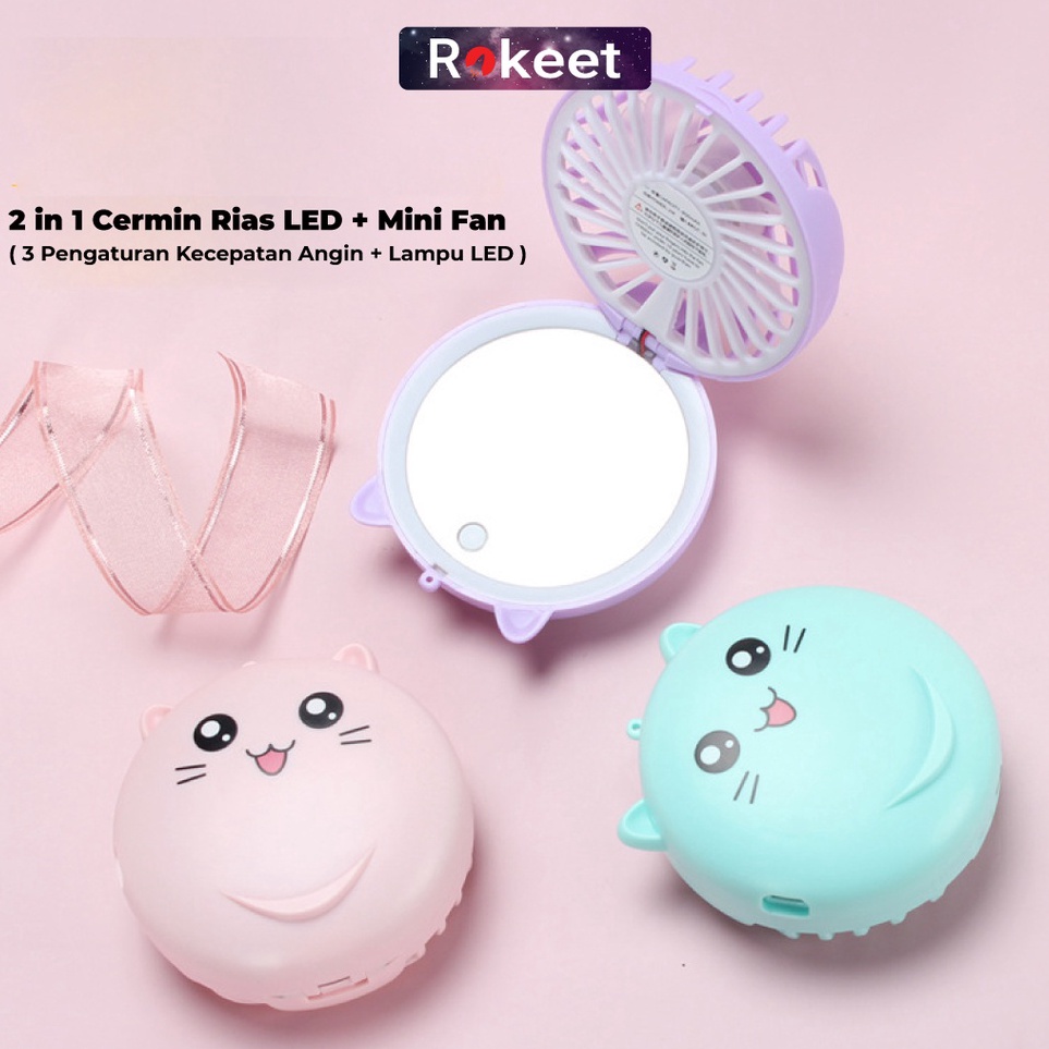 KODE B39F Rokeet Kipas Angin Cermin Kaca LED Portable Karaker Mini Fan Mirror