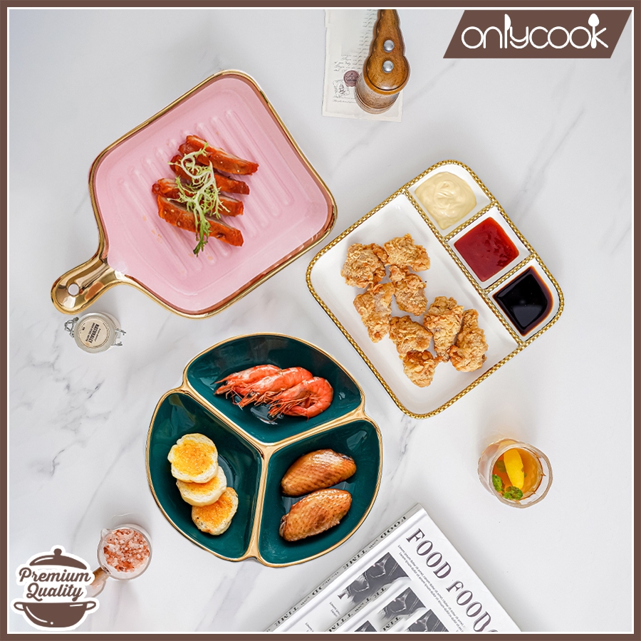 ONLYCOOK Piring Saji Keramik Emas/ Piring Keramik Tiga Bagian/ piring keramik snack kotak sekat 4
