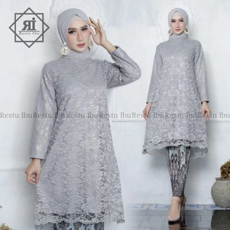 Setelan Kebaya Modern Brokat Tunik Restu Ibu Mix Rok Plisket Batik Untuk Baju Kondangan Wisuda Lamar