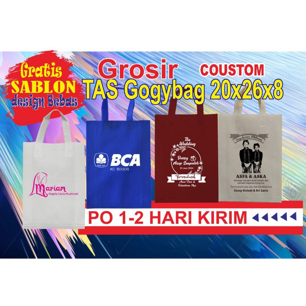 

PROMO TAS GODIBAG PLUS CETAK Tas 20x25, tas souvenir pernikahan, Tas cetak nama, godybag sablon, Tas Sablon nama, tas counter hp, agen tas spounbond, Tas Promosi, Tas cetak merek toko ,Tas lebaran, godibeg sablon, tas seminar, godybag kecil