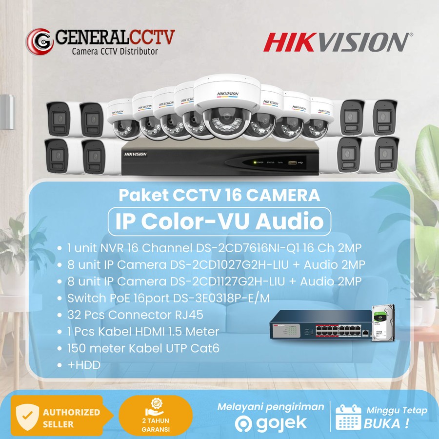 Hikvision Paket IP Camera 16Ch 2MP Colorvu Audio/Non Audio
