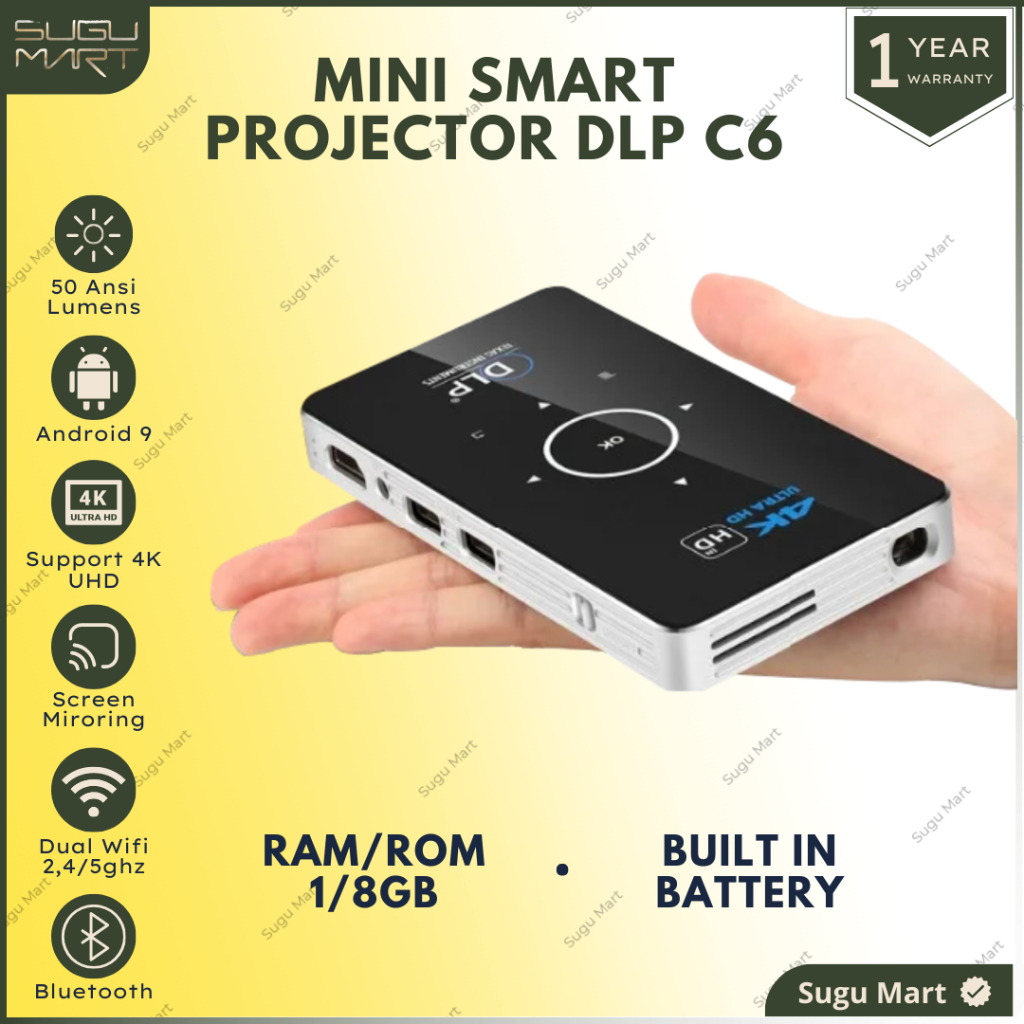 Proyektor Dlp C6 50 Ansi Lumens 1/8 GB | Mini Smart Proyektor Android S905X 4Core | Proyektor Androi
