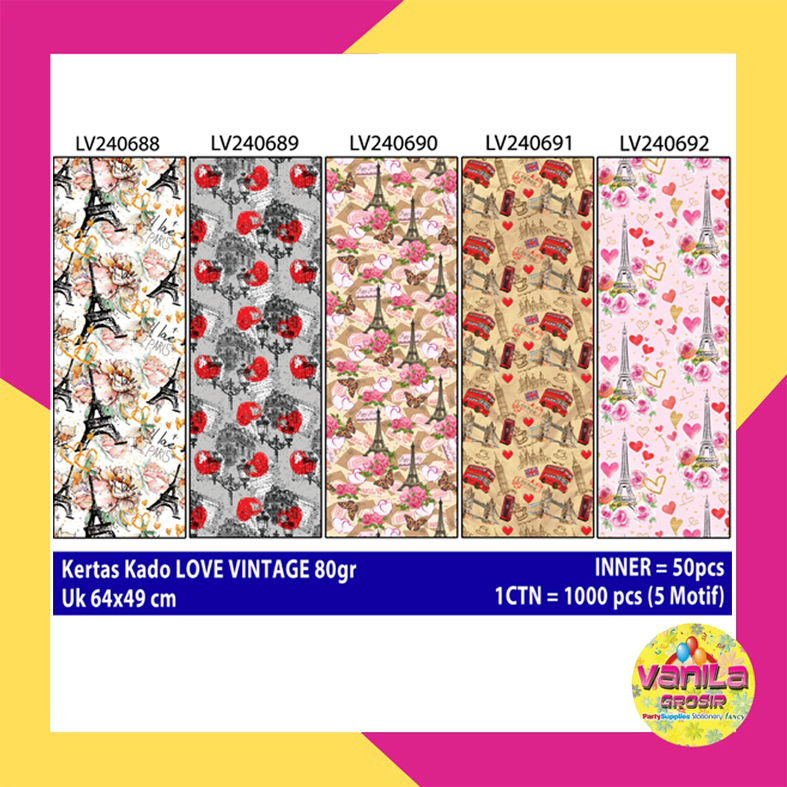 

Kertas Kado LOVE PARIS, kertas kado vintage, love vintage, kertas kado setara sanwa sansan wawa