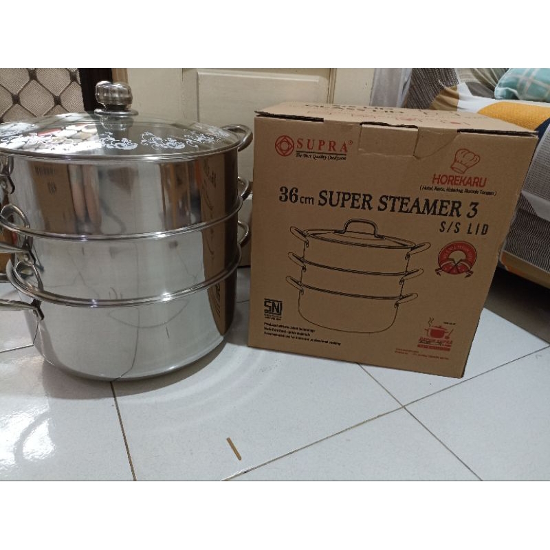 Panci Kukus Steamer Stainless Supra 36 cm susun 3 Tutup Kaca