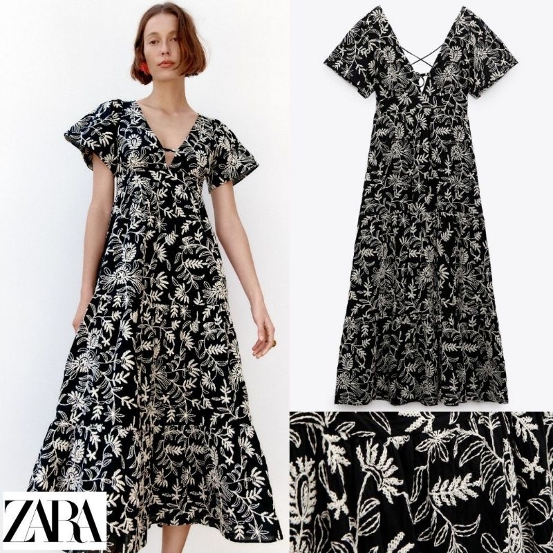 [ZARA] Embroidery Long Dress Floral Tiered Backless  Tie Cotton V Neck Bell Sleeve Flare Summer Blac