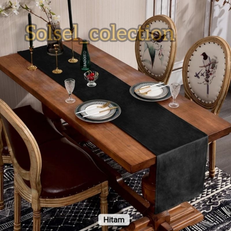 taplak meja atau table runner bahan suede premium polos hitam