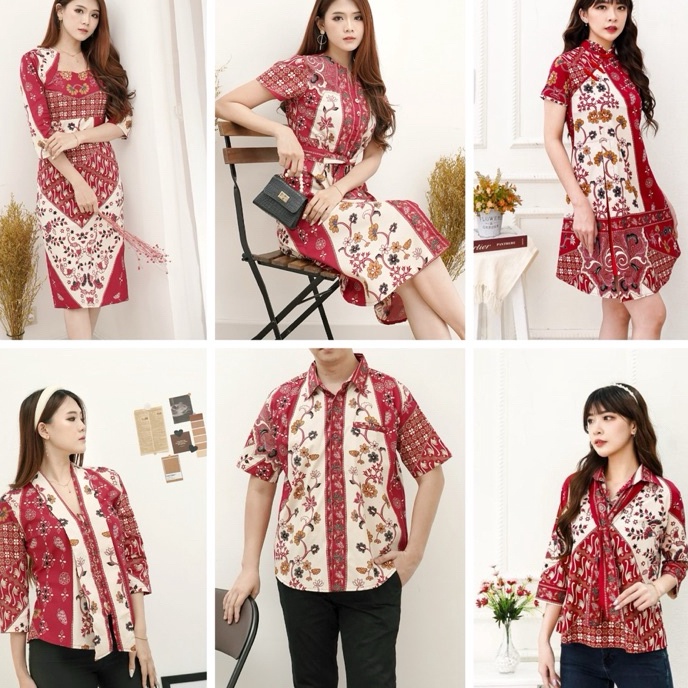 Bonus Couple dress batik modern merah imlek  Cheongsam qipao dress merah batik wanita  kemeja pria B