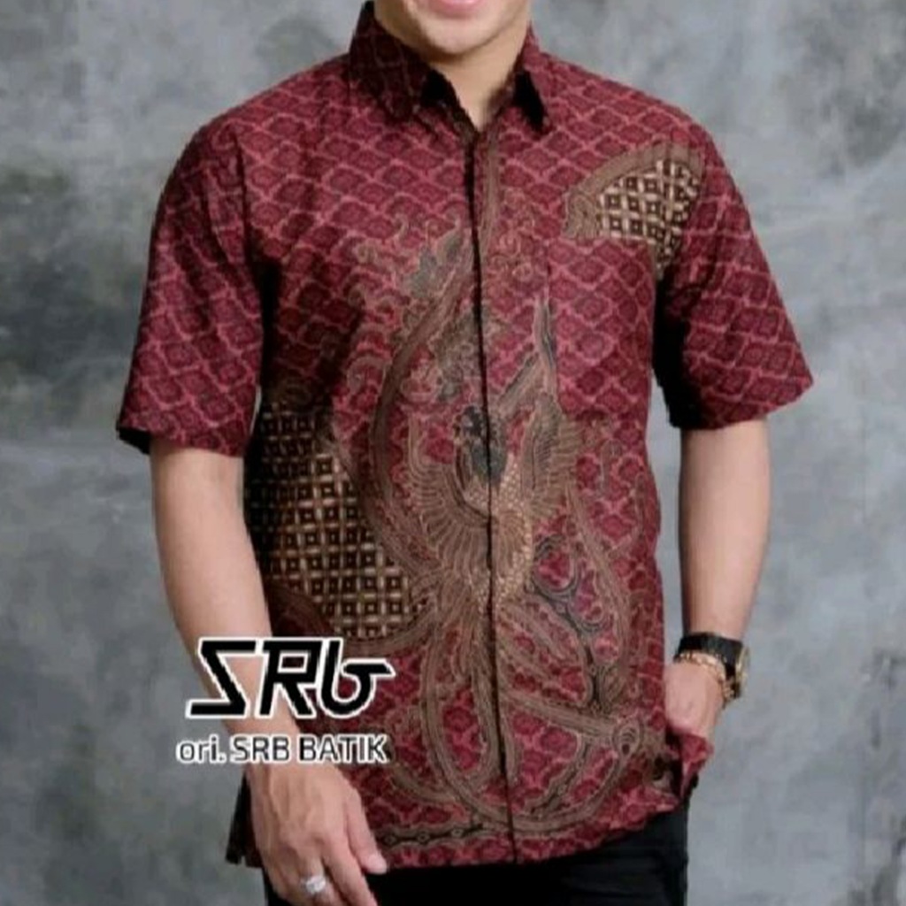 Kemeja Hem Baju Batik Pria Modern Lengan Pendek motif Phoenix Maron Katun