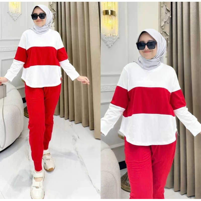 SET SETELAN CARGO MERDEKA WANITA MERAHPUTIH DAN CRINKLE AIRFLOW/BAJU ONE WAN SET DAILY OOTD/DIANA ON