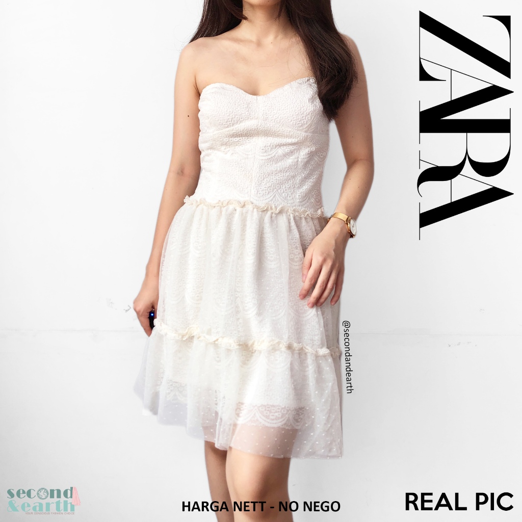 Zara Vintage Dress (S) Terusan Pendek Kemben Brokat Tile A-Line Rempel Flare Putih Tulang Polos Stra