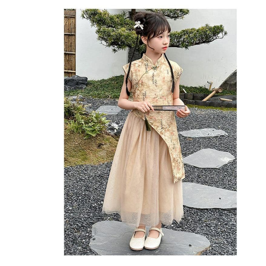 Setelan Rok Cheongsam Qibao CNY Imlek Anak Remaja Perempuan Impor Gold