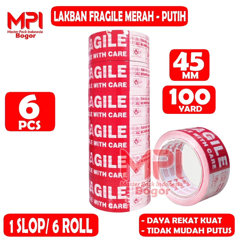 

KODE P8H5 1 SLOP 6 PCS Lakban Fragile Merah Putih 45 mm x 1 yard Handle With Care Jangan Di Banting