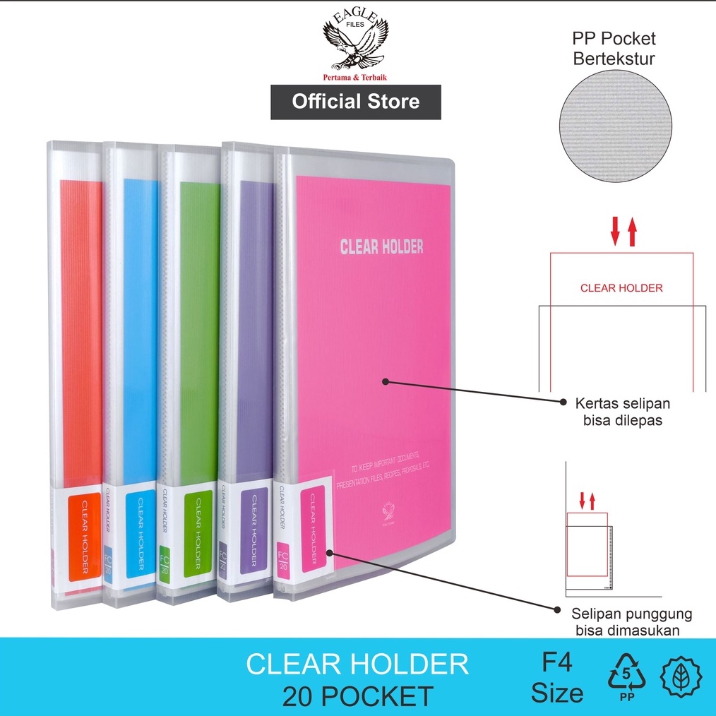 

KODE V4L5 Clear Holder Dokumen Keeper Display Book Document Keeper EAGLE Files F4 FOLIO isi 2 Pocket Transparan E 327