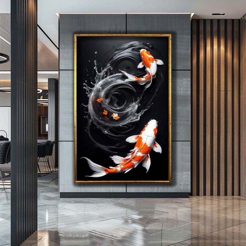 lukisan ikan koi tekstur timbul minimalis modern.