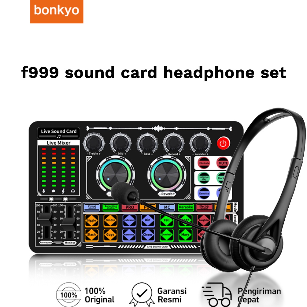Bonkyo F999 sound card set Peralatan Bernyanyi atau siaran langsung dengan headphones dan microphone