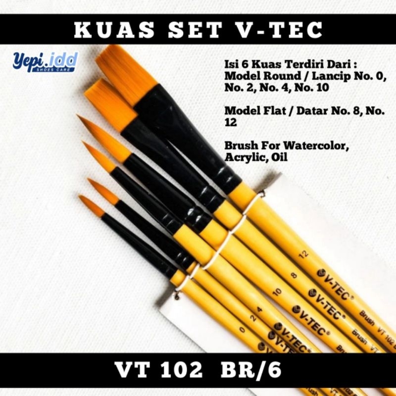 

Paint Brush Set (6 Pcs) - V-TEC SET BRUSH - VT 102 YELLOW BR/6 - Kuas Lukis 1 Set isi 6 Pcs Nylon Flat & Round Brush