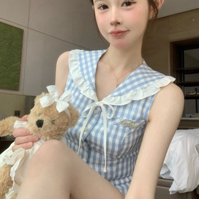 𝘾𝙃𝙍𝙊𝙈𝘼𝙏𝙄𝘾 | Lace Sailor Collar Baby Blue Checkered Vest Tank Top {CST24089}