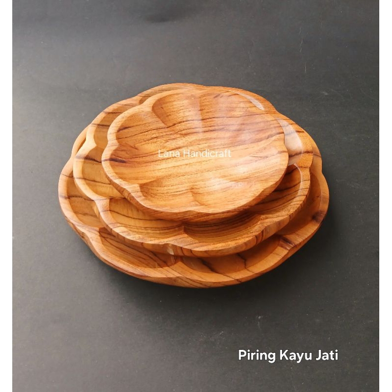 piring kayu/piring makan/piring saji/piring motif bunga semanggi/piring kayu jati