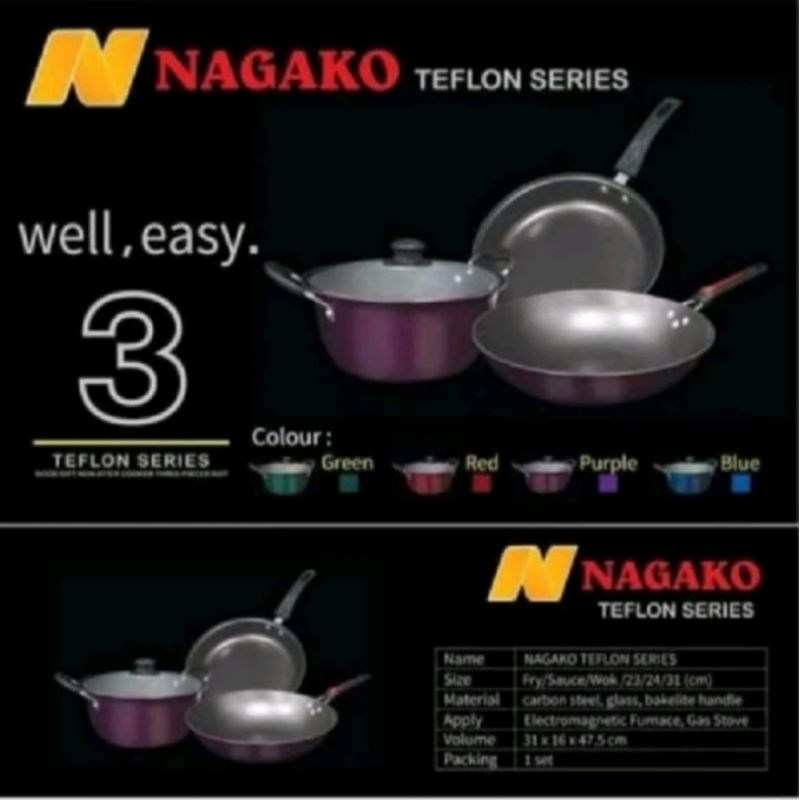 Panci Set Wajan Penggorengan Teflon Set isi 3 NAGAKO.