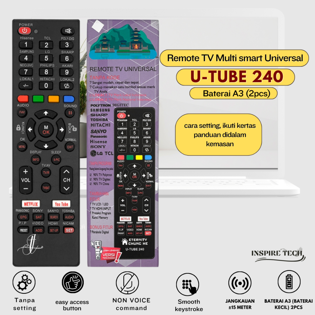 Remote Remot TV Smart Android LED LCD Multi Universal U-TUBE 240(Advanceaiwa,akira akariFujiwaSharp)