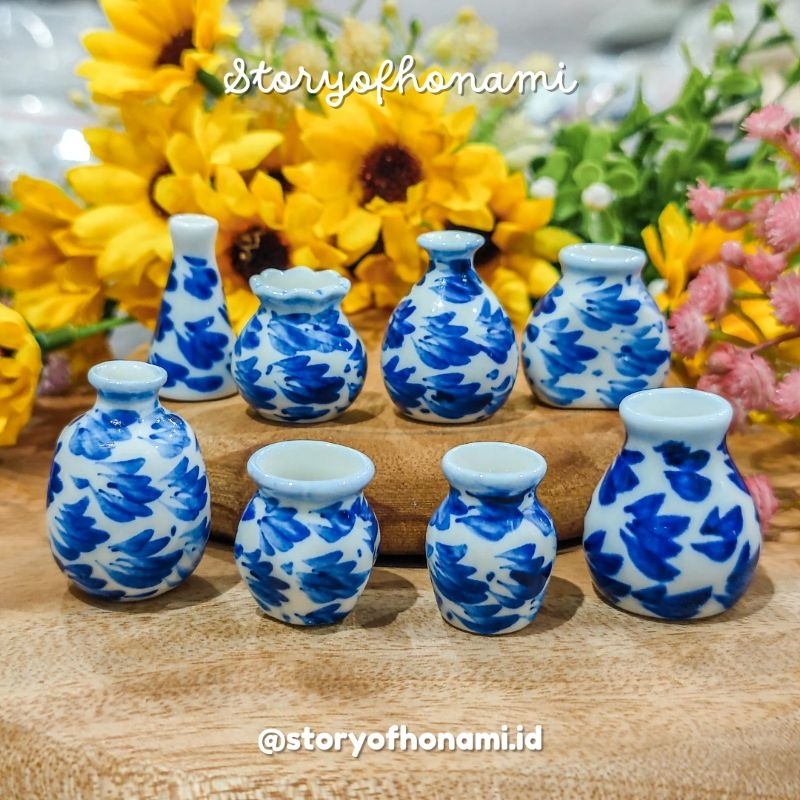 MINIATUR 1:12 GUCI BUNGA BIRU KECIL VAS BLUE FLOWER MOTIF MINI NENDOROID SHF FIGMA