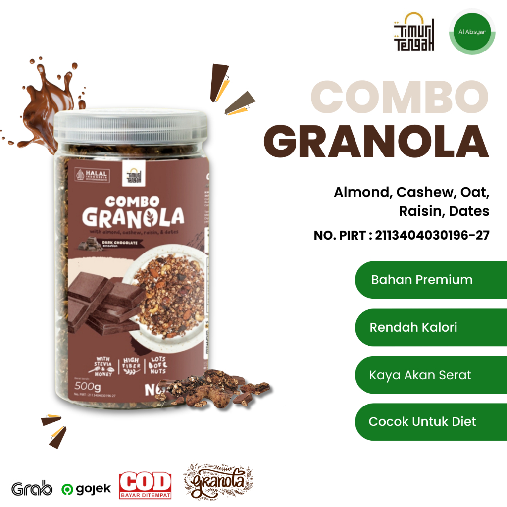 

Granola 500 Gram Premium Timur Tengah Dark Chocolate Hig Quality Sereal Makanan Sehat Menu Cemilan Diet Sarapan Oat Gandum Utuh Kismis Kurma Almond Mede Mete Rasa Dark Coklat Praktis Instant Home Made Hand Made