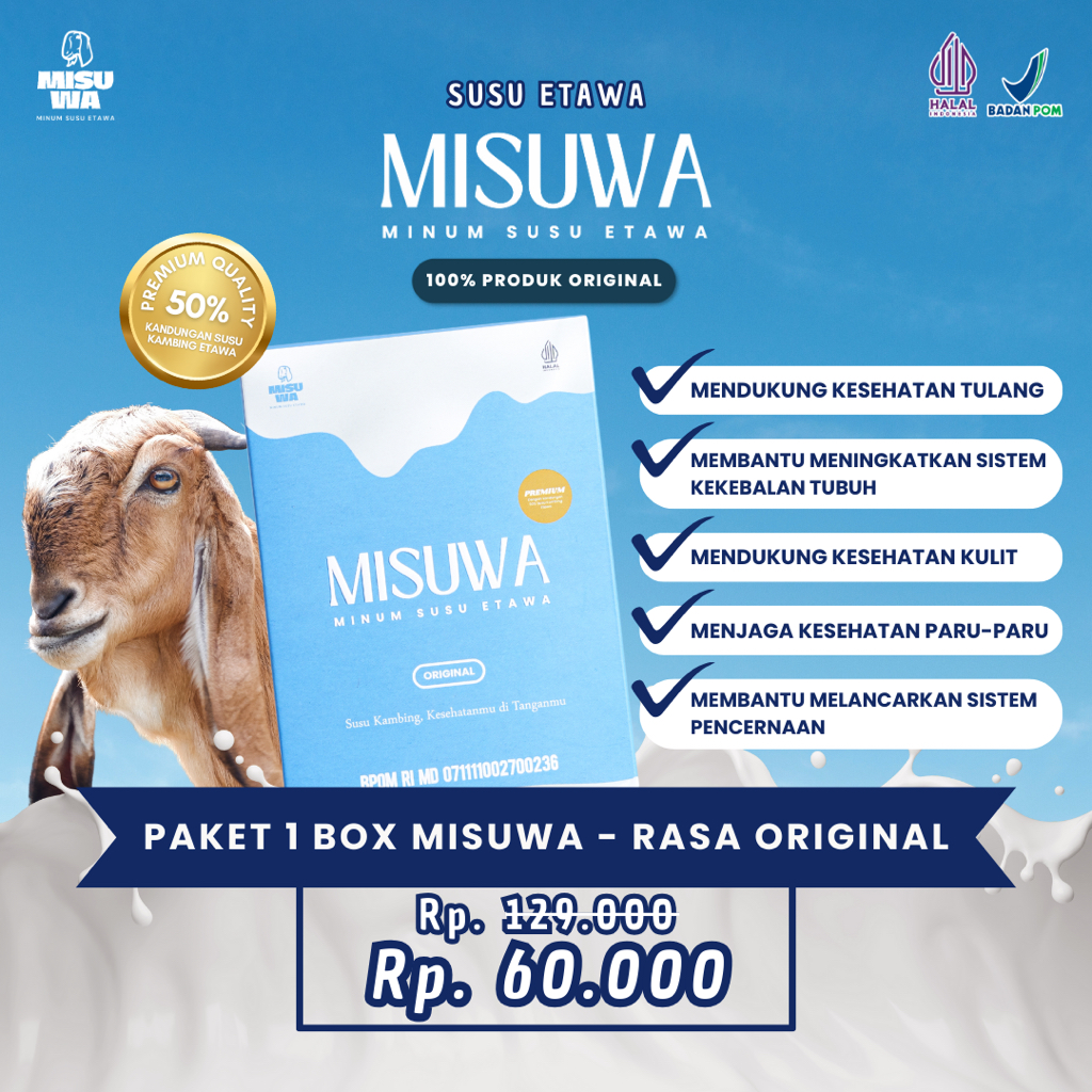 

Susu Kambing Etawa Bubuk Rasa ORIGINAL 200GR Menjaga Kesehatan Tulang Sendi Pernafasan Kesehatan Kulit Sistem Pencernaan | MISUWA