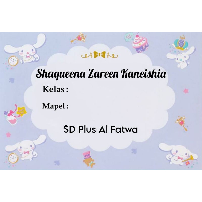 

(ISI 50 PCS) STICKER LABEL BUKU PELAJARAN SEKOLAH BISA CUSTOM NAMA DAN FOTO MOTIF CINAMOROLL UNGU