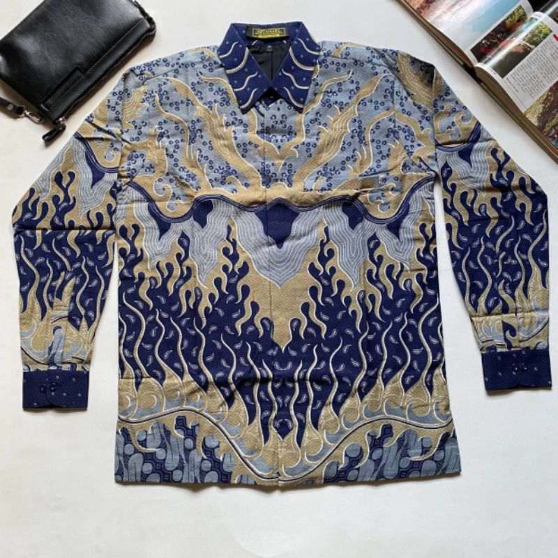 Kemeja batik pria BIRU KUNING lengan panjang bahan doby motif terbaru