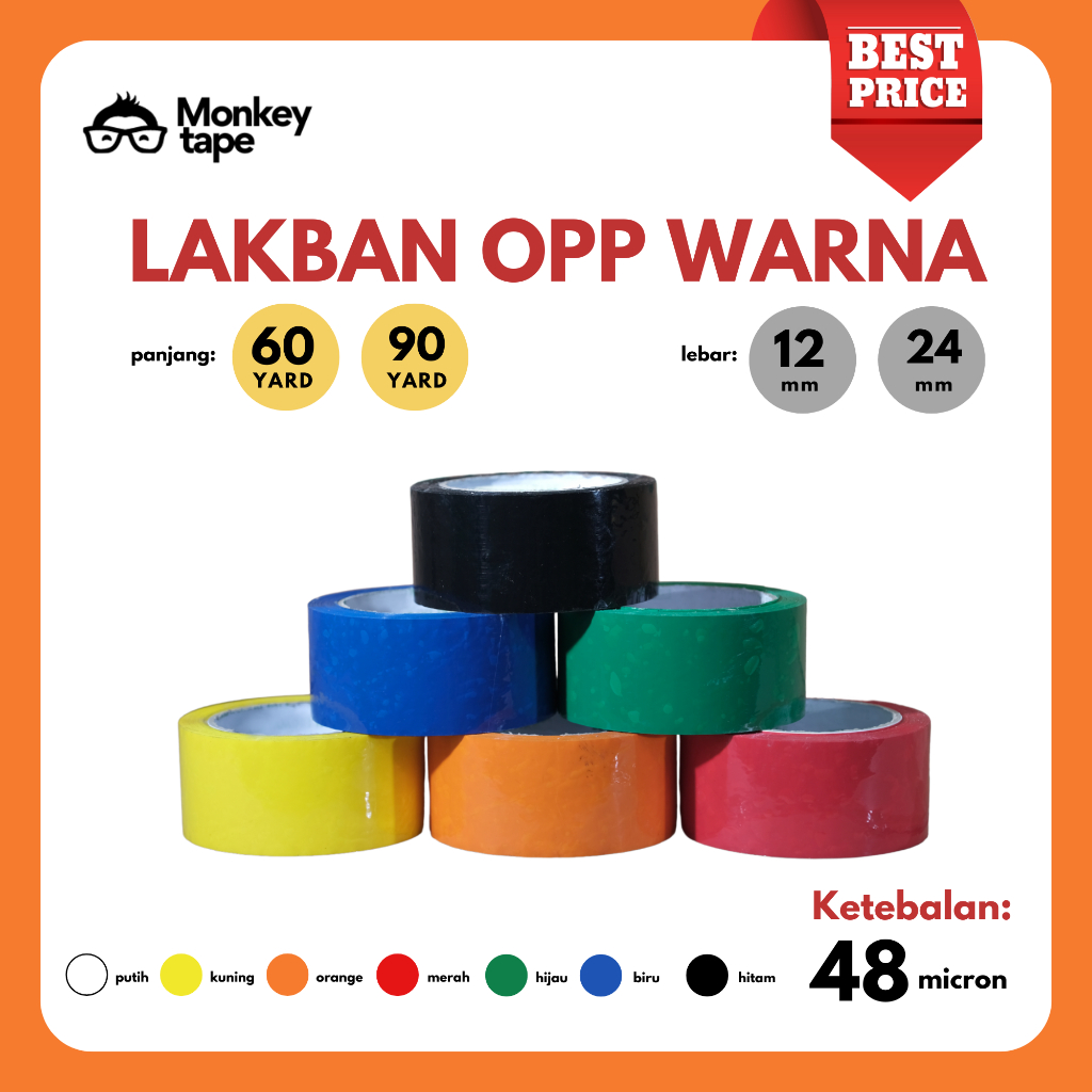 

Lakban OPP Warna MERK MONKEY TAPE 12 & 24 MM ISI 6 PCS (Kualitas PREMIUM, Daya lengket tinggi, tidak mudah putus)