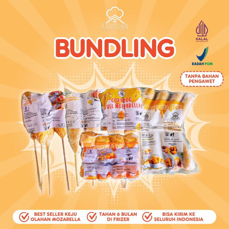 

R.A KITCHEN - PAKET BUNDLING HEMAT 5 PRODUK | CORNDOG MOZARELLA | CORNDOG SOSIS MOZA | MOZARELLA BALL | MOZARELLA STICK |