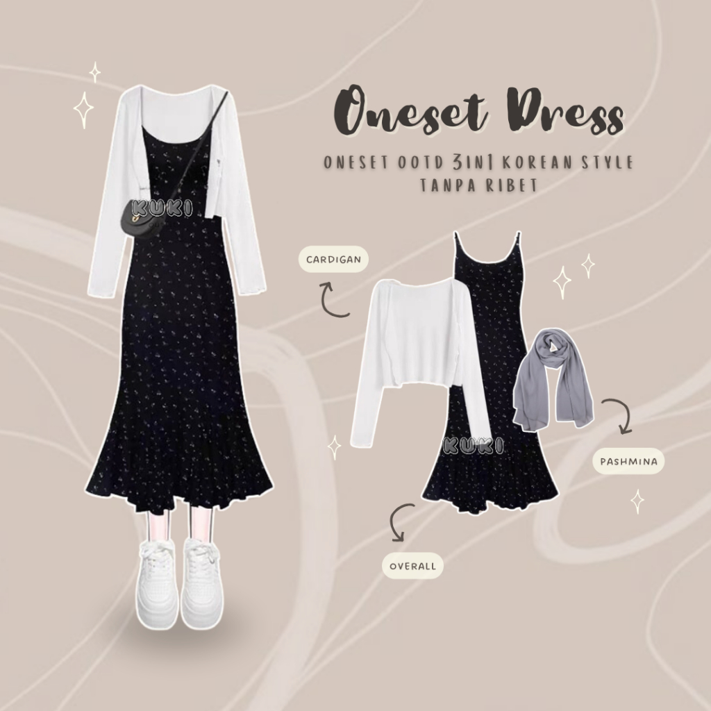 Oneset Dress Wanita (Overall Motif Cardigan Hijab) Korean Style Outfit Hijab Ootd - KK50