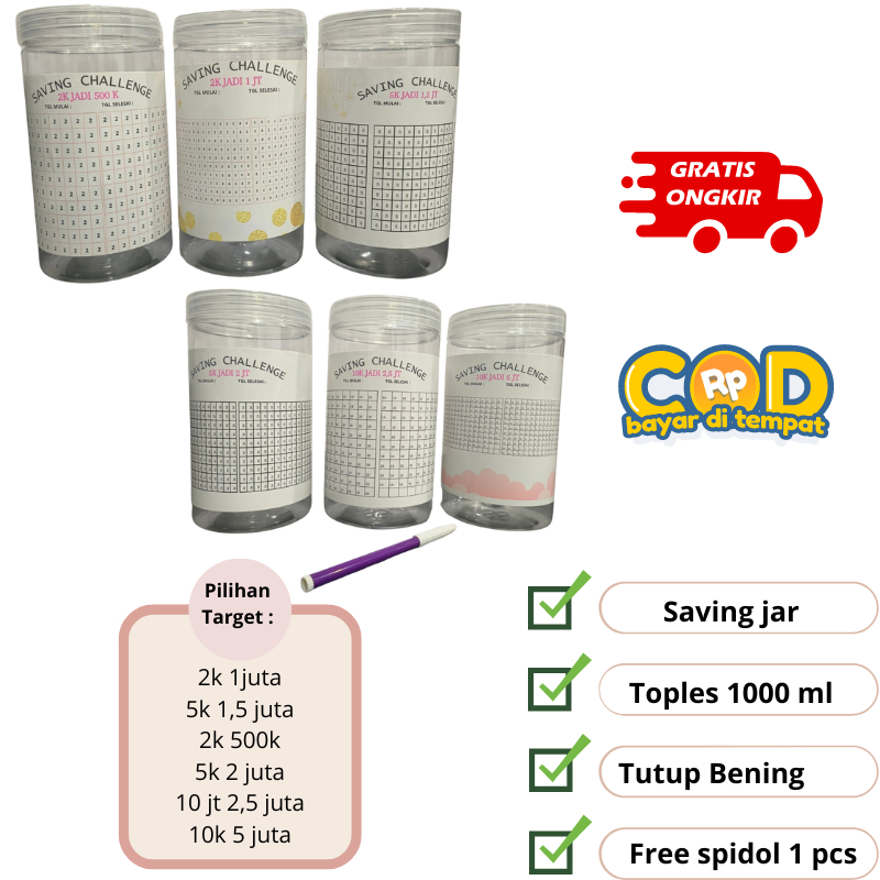 Tabungan toples saving challage celengan target 1 juta 2k 1,5 juta 5k 2 juta 5 k tabungan transparan