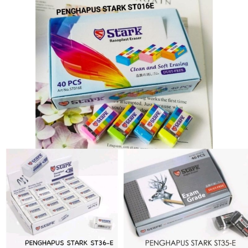 

Penghapus Stark Hitam/Putih/Warna-Warni Isi 40 Pcs | ST016E / ST35-E / ST36-E