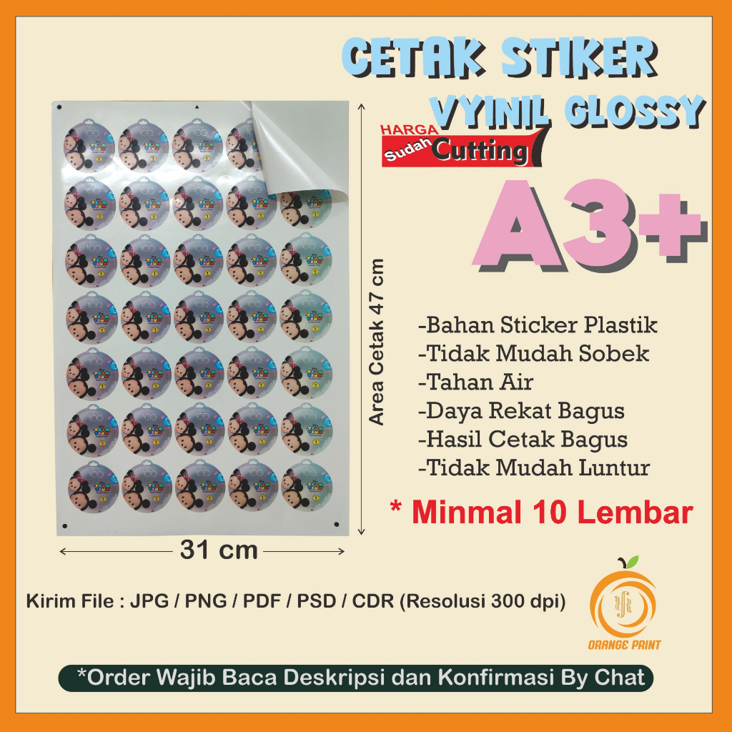 

CETAK STIKER TAHAN AIR + KISSCUT / STIKER VINYL GLOSSY DOFF TRANS PARANT A3+ FREE KISS CUT /