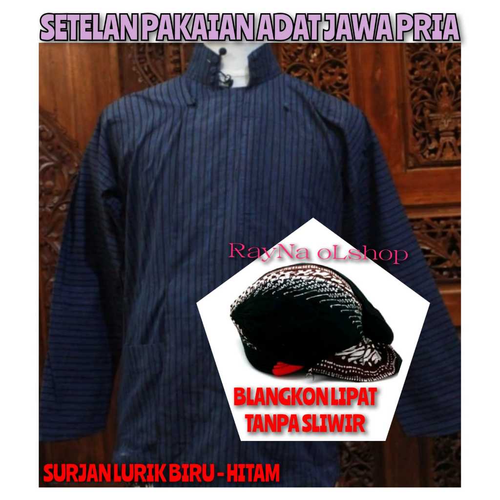 BAJU KEMEJA JAWA PRIA | SURJAN LURIK BIRU HITAM + BLANGKON LIPAT TANPA SLIWIR | SETELAN PAKET LENGKA