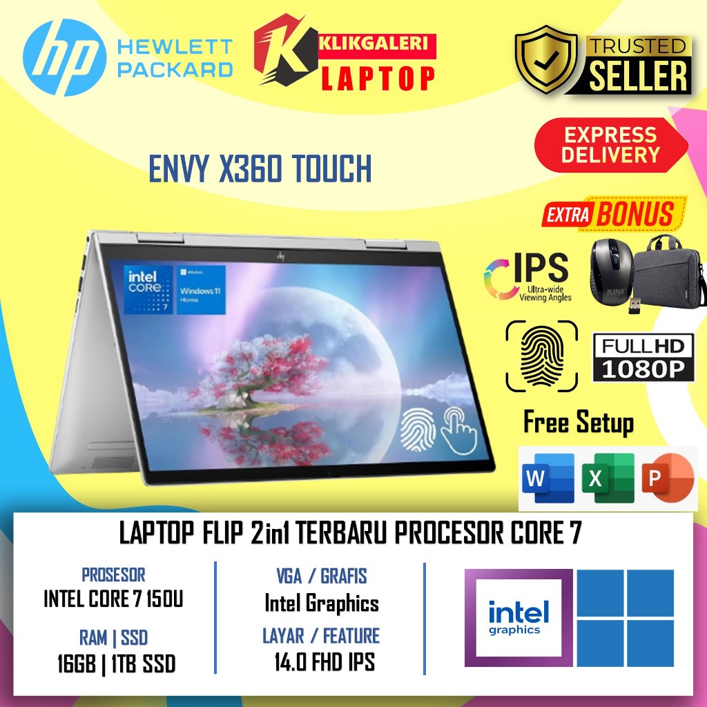 Laptop Flip 2IN1 Terbaru HP Envy x360 2-in-1 14-es100 Core 7 150U 16GB 1TB SSD FHD Ips Windows 11 Or