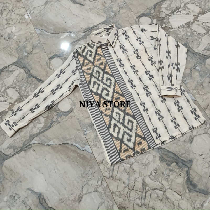 NIYA STORE || Kemeja Lengan Panjang Atasan Pria Tenun Blanket Motif Toraja Putih