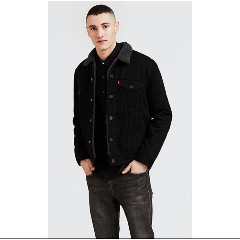 JACKET JEANS PRIA  SHERPA ELEGANT BULU BLACK DENIM BLACK LIMITED EDITION