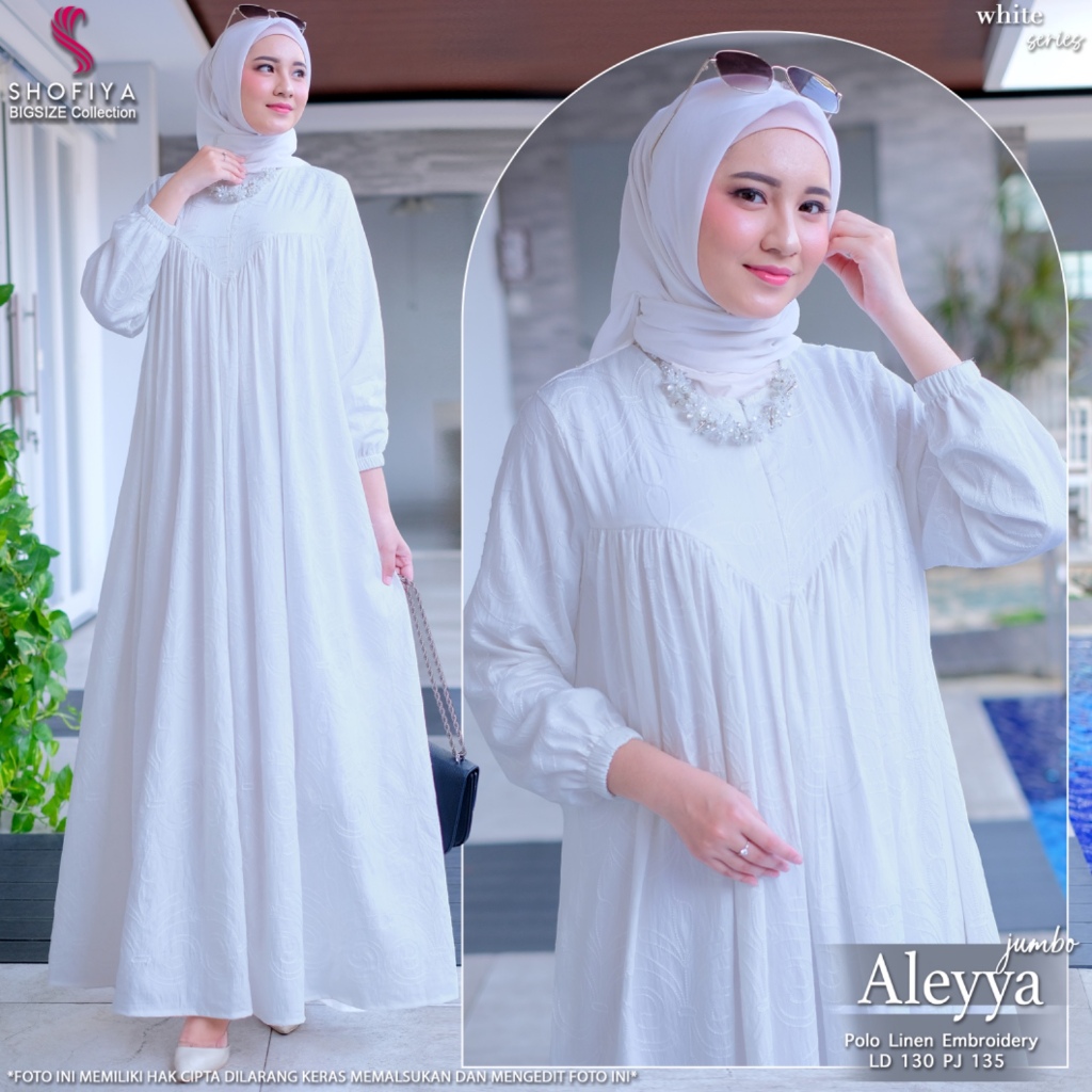 Aleya baju dress gamis syari wanita muslim jumbo ld 130 linen putih polos mewah elegan terbaru 2024